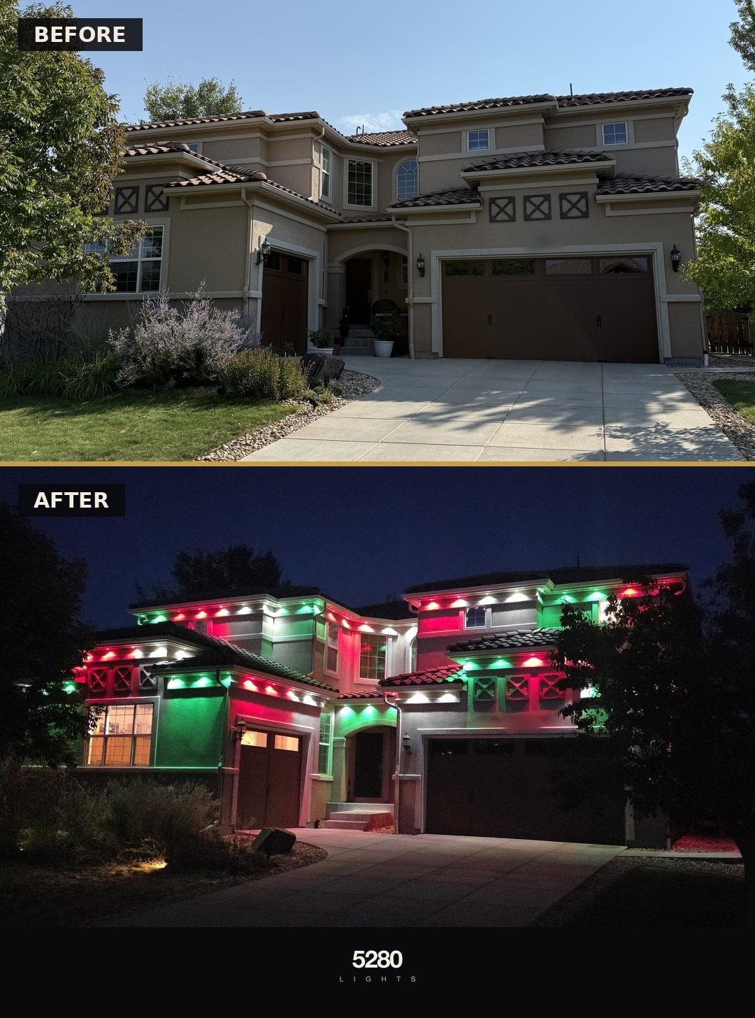 Before and after: Broomfield CO two-story stucco home in daylight with no lights, then at night with red, green, and white permanent lights on every roofline