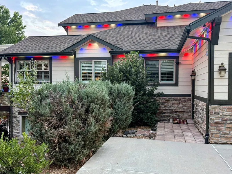 Evenly spaced Govee permanent lights installed by 5280 Lights on a Parker home