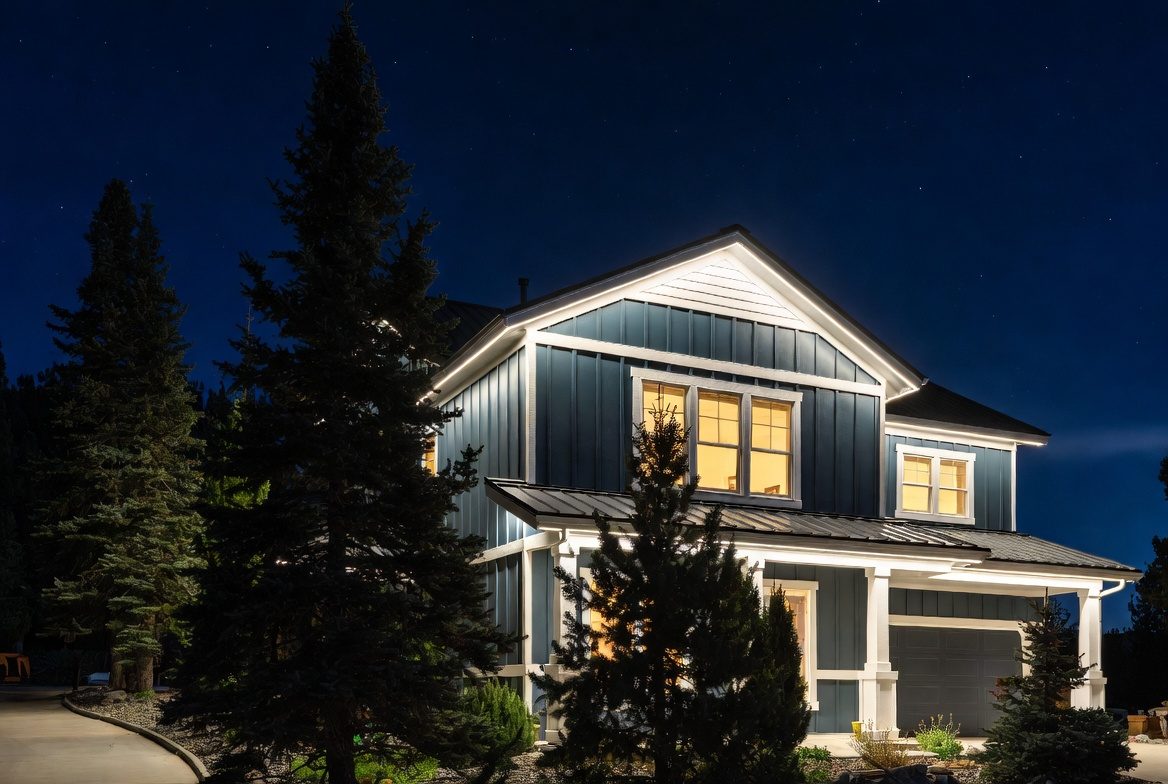 Colorado custom home at night with warm white permanent LED roofline