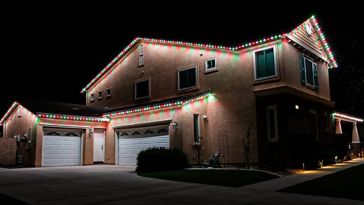 Two-story home at night with 5280 Signature lighting in a red, green and white Christmas pattern