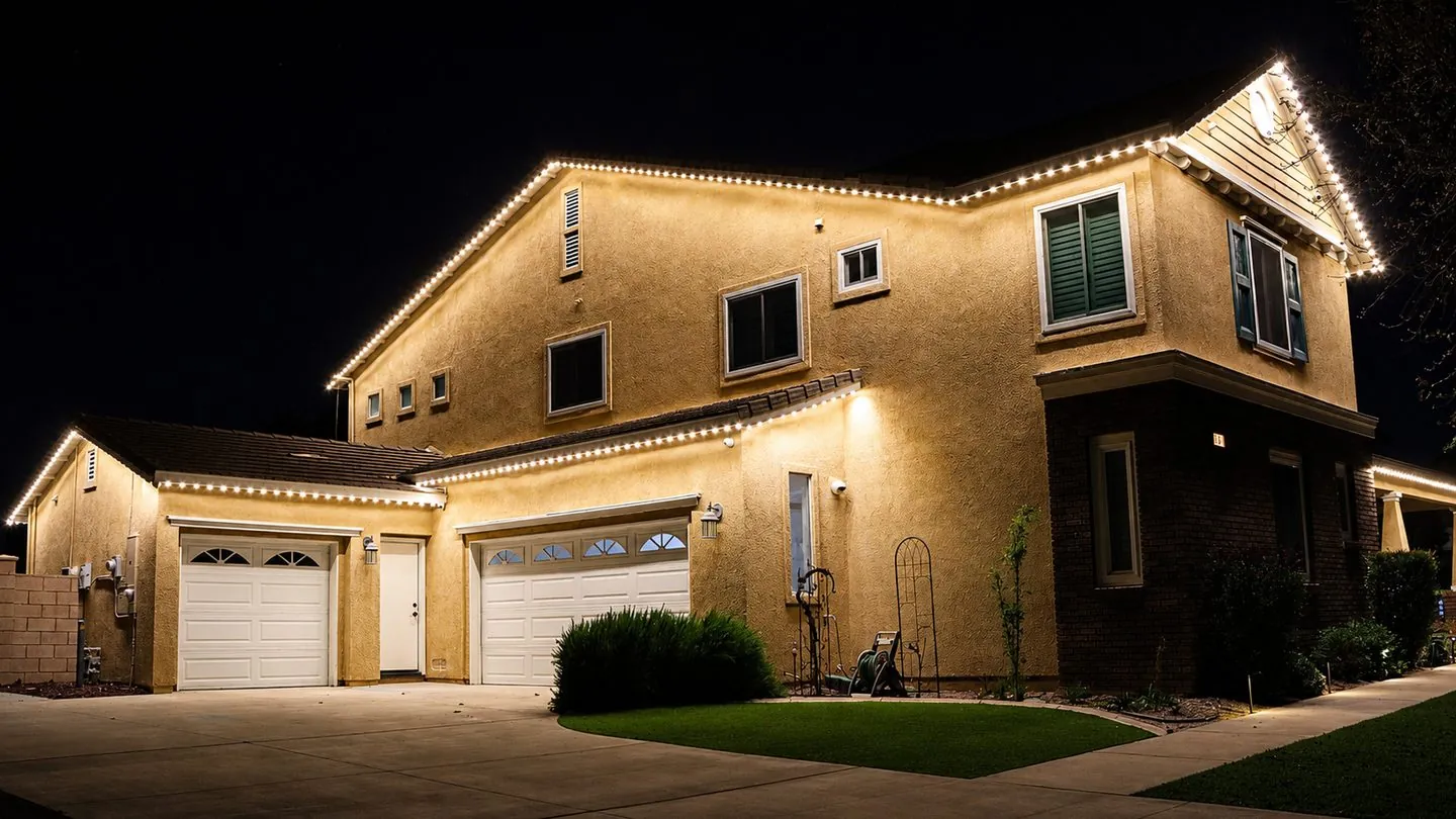 Two-story home at night with 5280 Signature permanent lighting in warm white along every roofline
