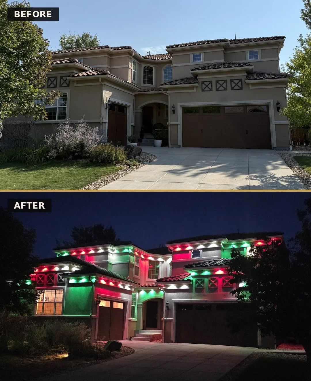 Before and after: a Broomfield, Colorado home in daylight, then at night with red, green, and white Govee permanent lights casting triangular beams down each wall