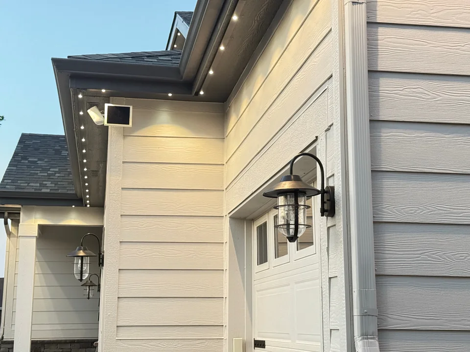 Close view of evenly spaced Govee lights beneath a Castle Rock roofline