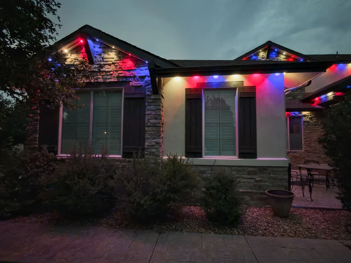 Red, white, and blue Govee permanent lighting installed by 5280 Lights in Parker