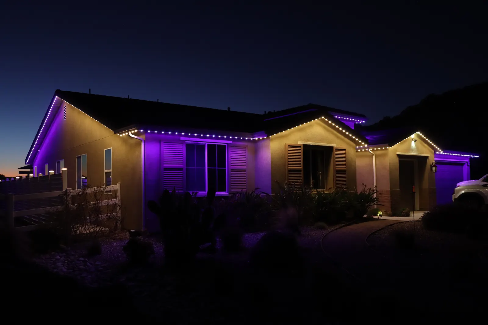 Authorized 5280 Signature system photography showing warm-white roof peaks with purple accent zones