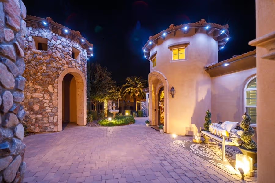 Authorized Strata system photography showing warm-white permanent roofline lighting